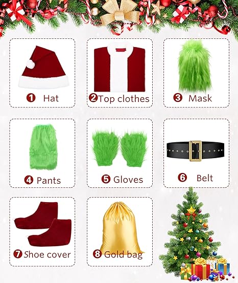 dgdgbaby Green Christmas Costume for Men Halloween Costumes Adult Santa Costume with Mask 8PCS Deluxe Funny Cosplay Outfit