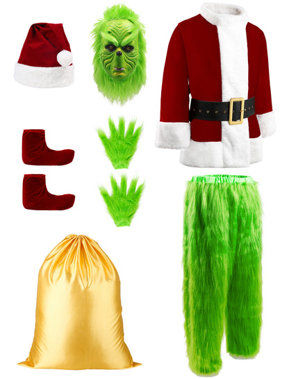 dgdgbaby Green Christmas Costume for Men Halloween Costumes Adult Santa Costume with Mask 8PCS Deluxe Funny Cosplay Outfit