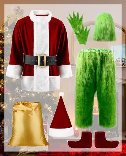 dgdgbaby Halloween Green Hairy Monster Christmas suit] Halloween Costumes Adult Cosplay Green Santa Costume with Mask Funny Santa Claus Costume for Men Santa Suit